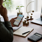 Pessoa acompanhando investimentos em títulos públicos pelo celular, com tela desfocada e sem textos legíveis.