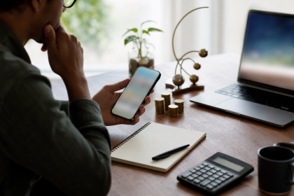 Pessoa acompanhando investimentos em títulos públicos pelo celular, com tela desfocada e sem textos legíveis.