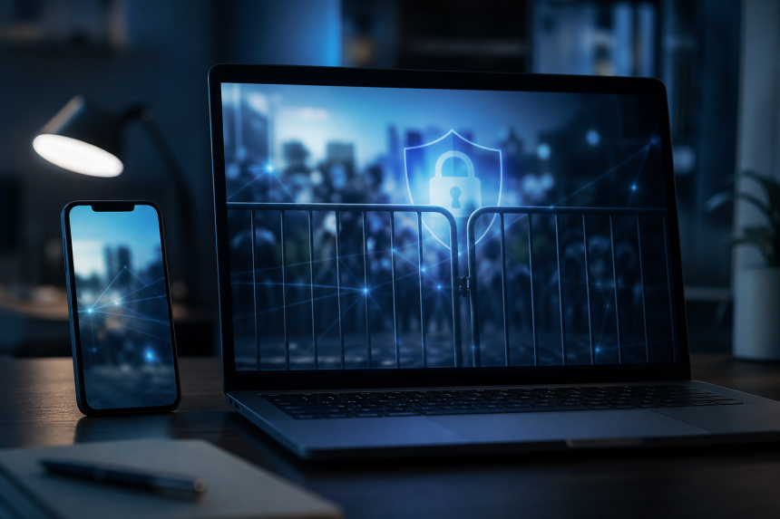 Computador e celular exibindo páginas digitais desfocadas durante operação contra sites ilegais de apostas